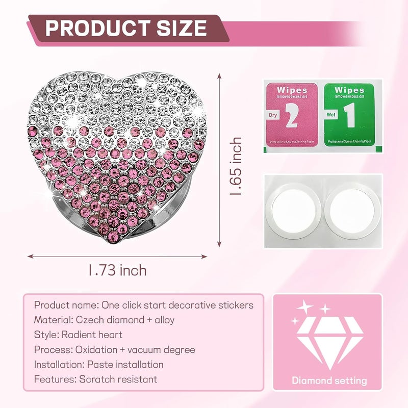 ongfuwu Bling Car Engine Start Button Cover, Cute Heart Shape Diamond Ignition Button Cover Sticker, Sparkly Rhinestone Push to Start Button Decoration Decal for Women Girls (Gradient Pink) - Image 2